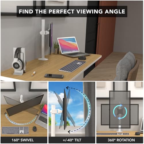 Mount-It! White Single Monitor Stand, Fits up to 32" | Adjustable desk arm holds up to 19.8 lbs, 360 rotation, 160 swivel, 40 tilt, clamp & grommet. - color: White