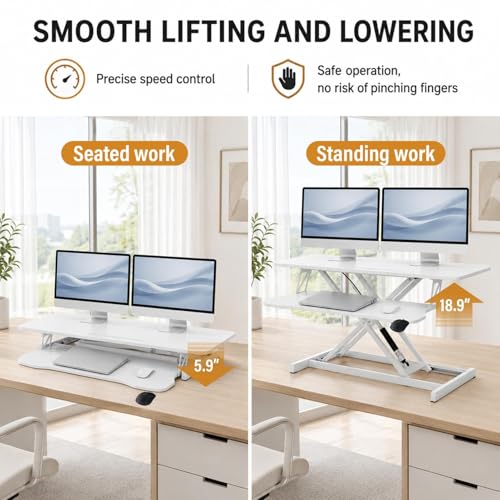37 Inch Standing Desk Converter, Height Adjustable Desktop Standing Desk, Stand Up Riser Compatibles with 2 Computer, Stand Up Converter Laptop Workstation to 18.8" Tall, Black - color: White