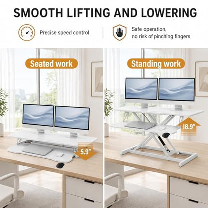 37 Inch Standing Desk Converter, Height Adjustable Desktop Standing Desk, Stand Up Riser Compatibles with 2 Computer, Stand Up Converter Laptop Workstation to 18.8" Tall, Black - color: White
