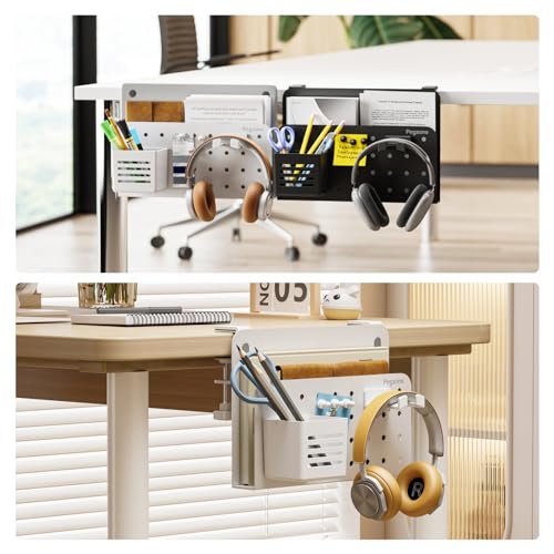 PEGZONE Desk Side Storage Organizer, Fits Flat Edge 0.4" to 2.2", White | No Drill Under Desk Laptop Holder, Clamp on Desks Shelf with Pegboard Accessories, Hanging Laptop Mount - color: White