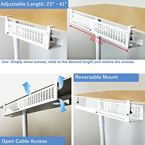 AEONS Under Desk Cable Management Tray Kit - Horizontal Adjustable up tp 41” Desk Organizer Removable C Clamp Mount Reversiable Computer Cord Raceway and Modesty Panel for Large Table, White/Beige - style: 41" White