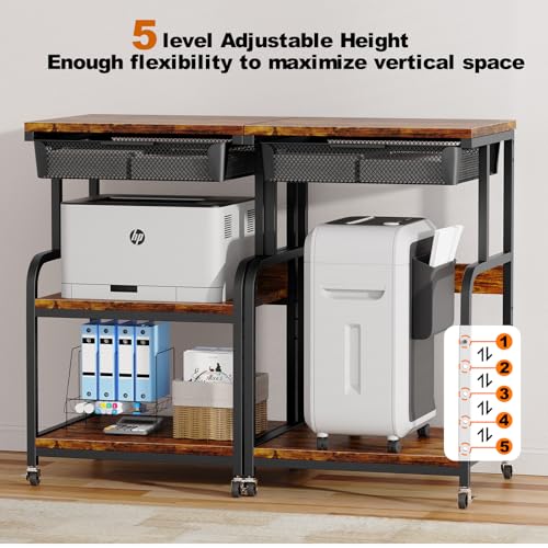 Large Printer Stand with Drawer, 3-Tier Industrial Rolling Cart | 5 Adjustable Shelves, Mobile Printer Table for Desk & Home Office, Fits 3D Printer, Scanner and Fax Machine Rustic Brown - color: Rustic Brown, size: Large(19.7"L X 15.7"W X 32.2"H)