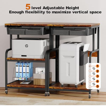 Large Printer Stand with Drawer, 3-Tier Industrial Rolling Cart | 5 Adjustable Shelves, Mobile Printer Table for Desk & Home Office, Fits 3D Printer, Scanner and Fax Machine Rustic Brown - color: Rustic Brown, size: Large(19.7"L X 15.7"W X 32.2"H)
