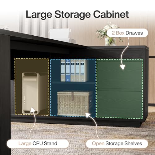 Tribesigns 78" L Shaped Executive Desk with Drawers, Large Office Computer Desk with Cabinet and Storage Shelves, Modern Business Furniture Sets Workstation for Home Office (Gray&Black) - color: Gray&black