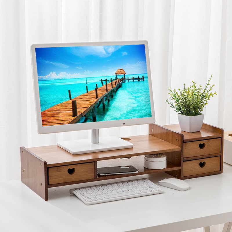 Monitor Stand Riser with 3 Drawers 2-Tier Bamboo Wood Computer Riser for Desk Home Office Desktop Stand Storage Organizer for TV Laptop Computer PC