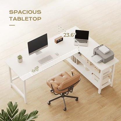 IOTXY 63" Reversible L-Shaped Office Desk with Storage Shelves, White - color: White, size: 63-inch