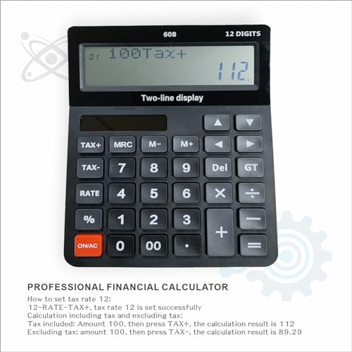 DECKLIT Battery and Solar Unique 120-Step Calculation Check 12 Digit 2 Line Extra Large Calculator Big Buttons and 5.5" LCD Display, Configurable Tax Rate Financial Calculator for Tax Calculations - color: 2 line black