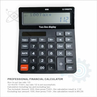 DECKLIT Battery and Solar Unique 120-Step Calculation Check 12 Digit 2 Line Extra Large Calculator Big Buttons and 5.5" LCD Display, Configurable Tax Rate Financial Calculator for Tax Calculations - color: 2 line black