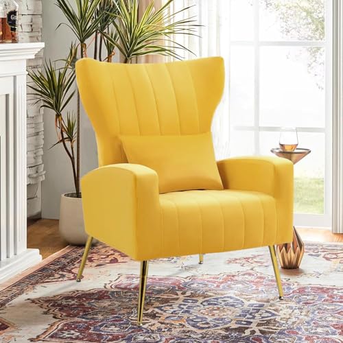 Modern Velvet Accent Chair with Arm & Wingback, Living Room Bedroom Side Chair with Gold Metal Legs & Lumbar Pillow, Channel Tufted, Yellow - color: Yellow, size: 1PC with Channel Tufted