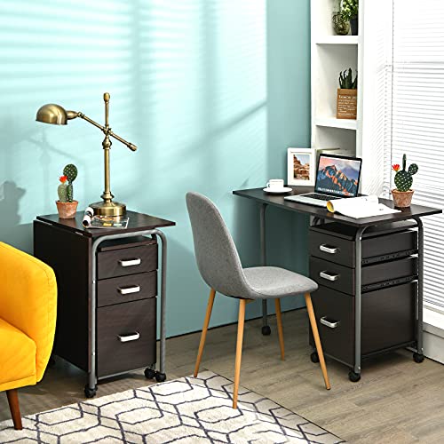 Tangkula Folding Computer Desk with 3 Storage Drawers, Mobile Home Office Desk Study Writing Desk with Smooth Wheels, Space Saving Compact Desk for Dorm Apartment, Rolling Folding Desk Table - color: Brown