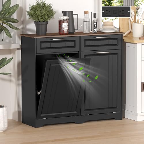 Double 10 Gallon Tilt Out Trash Can Cabinet with Deodorizing Function and Power Outlet, Wooden Hidden Garbage Can Holder with 2 Storage Drawers for Kitchen, Laundry Hamper Cabinet for Bathroom, Black - color: Black, size: 13.11"D x 40.16"W x 35.2"H(Double