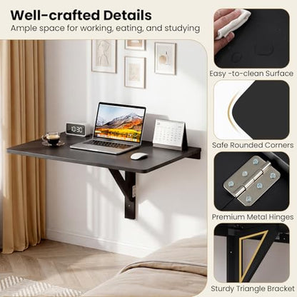 GIANTEX Wall-Mounted Folding Desk, Wooden Floating Laptop Table with Drop Leaf Design, Space-Saving Foldable Wall Desk for Study, Bedroom, Living Room, Laundry (Black) - color: Black