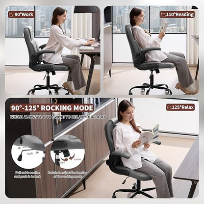 PU Leather Office Chair Swivel Lumbar Support for Short People Grey | Executive Office Chair PU,Leather Office Chair with Wheels,360° Swivel Rolling Chair with Padded Arm,Ergonomic Computer Chair - color: Grey