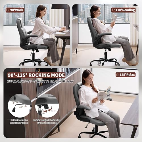 PU Leather Office Chair Swivel Lumbar Support for Short People Grey - color: Grey
