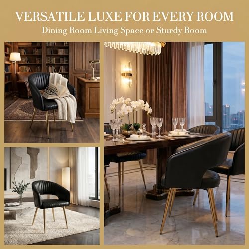 Modern Dining Chairs Set of 2, Upholstered PU Leather Gold Dining Room Chairs with Hollow Back, Accent Armrest Kitchen Chairs with Gold Legs for Living Room Black - color: Black 1