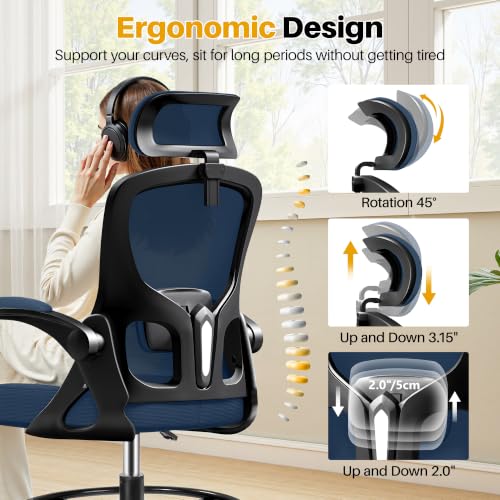 Drafting Chair, Tall Office Chair for Standing Desk, Ergonomic High Back with Headrest, Lumbar Support, Foot Ring and Flip-up Armrests, Navy Blue - color: Navy Blue