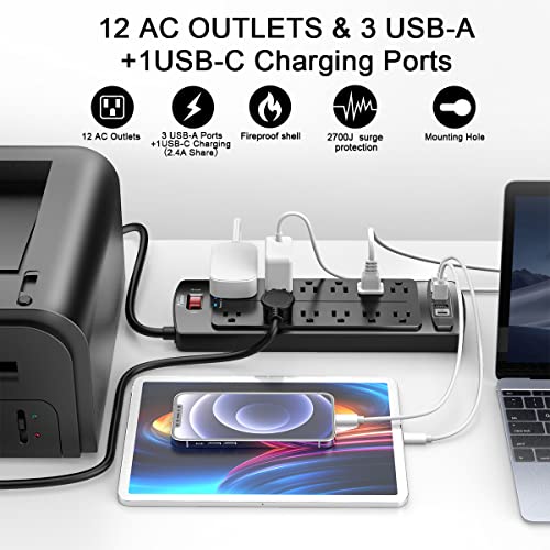 ALESTOR 6 Ft Surge Protector Power Strip with 12 Outlets and 4 USB Ports | 2700 Joules, 6 Feet Heavy Duty Extension Cord with Multiple Outlets for Home, Office, Dorm Room, ETL Listed, Black - color: Black, size: 6 Ft