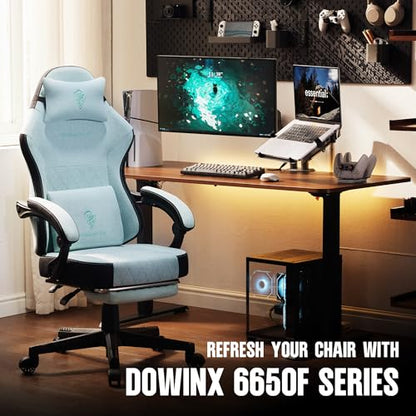Dowinx Gaming Chair Fabric with Pocket Spring Cushion, High Back Ergonomic Computer Chair with Footrest for Adults, Massage Lumbar Support Swivel Game Chair for Office Gaming 300LBS, Cyan - color: Cyan