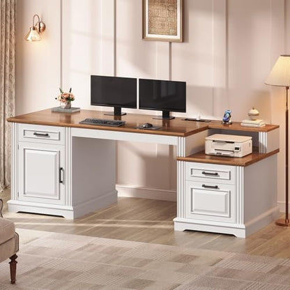 SEDETA Farmhouse Executive Desk, 62'' Home Office Desk with File Drawers, 3Drawer and Storage Cabinet, Computer Desk with Power Outlet for Home Office, Work Study Writing, White + Walnut - color: White + Walnut
