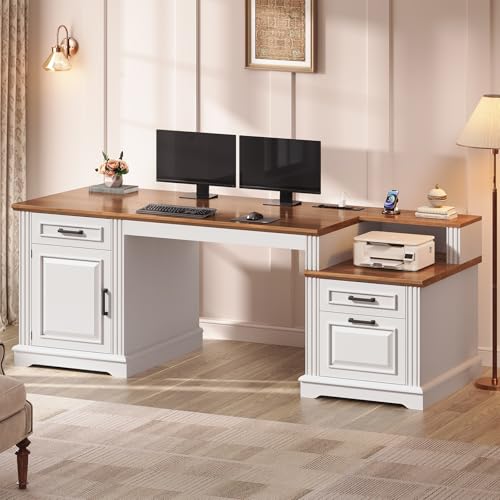 SEDETA Farmhouse Executive Desk, 62'' Home Office Desk with File Drawers, 3Drawer and Storage Cabinet, Computer Desk with Power Outlet for Home Office, Work Study Writing, White + Walnut - color: White + Walnut