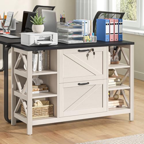 Halitaa 44" Farmhouse Lateral File Cabinet with 2 Drawers, White and Black | Filing Cabinet with Lock for Legal/A4/Letter, Wooden Printer Stand Office Furniture with Adjustable Shelves for Home Office - color: Simple White and Black