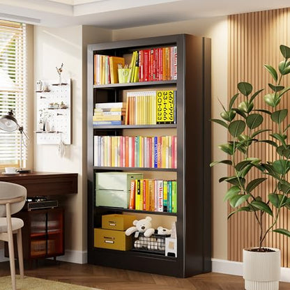 5-Tier Bookcase with Adjustable Storage Shelves, Heavy Duty Bookcase, Metal Bookshelf with Book Stopper, Black Bookcase Shelf for Library, Office, Living Room - color: Black