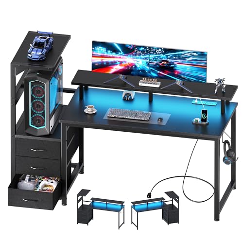 52" Reversible Gaming Desk with LED Lights Power Outlets, Black | Computer Desk with Drawers Can be Used to Store Odds and Handles, Elevated PC Stand To Help You Showcase Your DIY Cases. - color: Black, size: 53 In