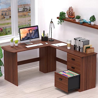 SHW L-Shaped Home Office Wood Corner Desk w/Box Box File Drawers, Walnut | 51 x 59 Inches | 2 Pre-installed Grommets - color: Walnut