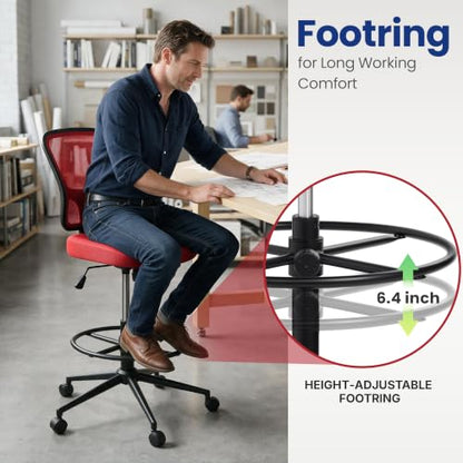 Armless Office Chair, Tall Ergonomic Chair for Standing Desk, Adjustable Height Mesh Computer Chair with Foot Ring & Wheels, Rolling Drafting Chair for Home Office - color: Red