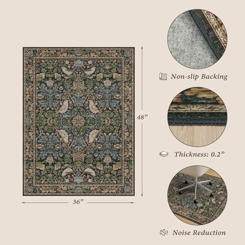Brown & Green Botanical Office Chair Mat for Hardwood Floors, 36" x 48" Decorative Desk Chair Rug, Vintage Low Pile Washable Carpet for Home Office, Non Slip Backing, Floor Protector for Rolling Chair - color: Bird - Dark Green / Brown, size: 3' x 4'
