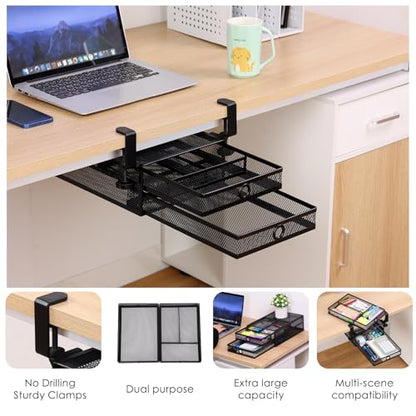 Under Desk Drawer, Clamp on Desk Organizer Slide Out Table Storage No Drill - color: Black - 2 Tier