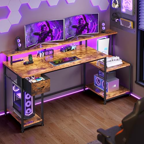 DurayLoly Computer Desk with 55" Long Monitor Stand, 18"Ample Printer Space | Storage Drawer and File Shelves,Versatile RGB LED Lighting,Built-In USB Outlet,Sturdy Metal Frame,Bedroom Writing Desk,Brown - color: Rustic Brown