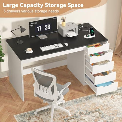 47 Inch Computer Desk with 5 Drawers and Power Outlets for Small Spaces - color: Black and White, size: 47inch-5drawers