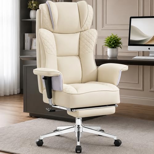 Office Desk Chair, High-Back Big and Tall Leather Chair with Footrest - color: Beige