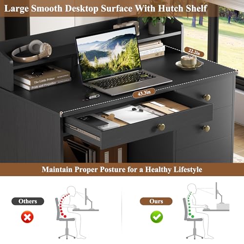 TTVIEW Computer Desk with Drawers and Hutch Shelf, Wood Executive Desk Writing Study Table with 43” Wide Tabletop, Small Desk with File Drawer for Home Office Bedroom, Black - color: Black
