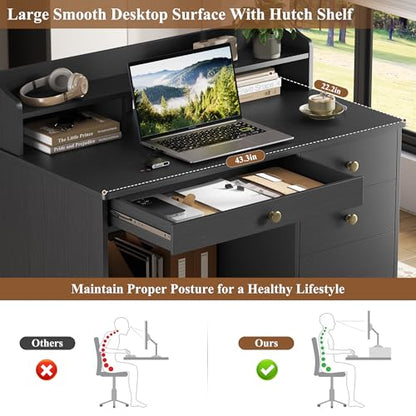 TTVIEW Computer Desk with Drawers and Hutch Shelf, Wood Executive Desk Writing Study Table with 43” Wide Tabletop, Small Desk with File Drawer for Home Office Bedroom, Black - color: Black