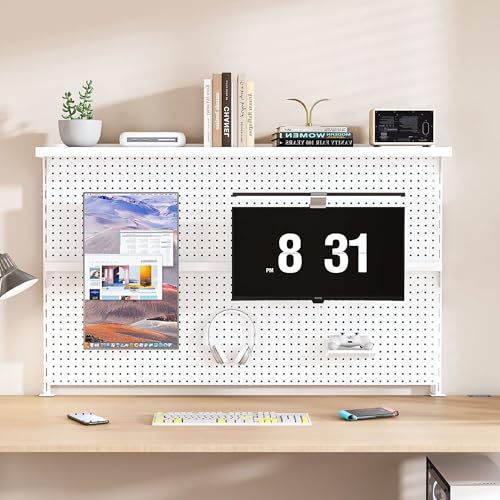 Clamp-On Metal Desk Pegboard with Dual Monitor Stand–No Drilling Needed! 59x35 Inch Steel Privacy Panel with Hooks & Movable Partition, Peg Board Wall Organizer for Gaming & Office - color: White