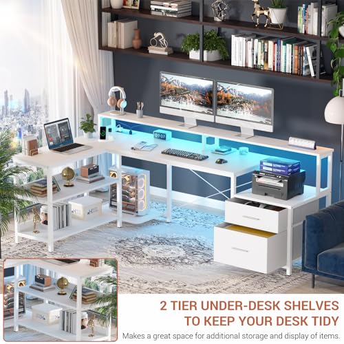 Aheaplus L Shaped Desk with Power Outlet & LED Strip, L Shaped Gaming Desk