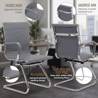 HNY Set of 2 PU Leather Office Guest Chairs, Grey - color: Grey