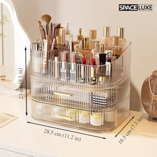 Large Makeup Organizer with Drawers, 360° Rotating Brush Holder | 3-Tier, Cosmetic storage for vanity, skincare, perfume, hair accessories, lipstick and jewelry, Clear - color: Clear, size: 3-layer