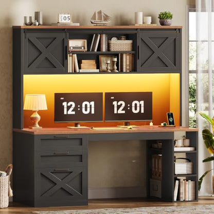 SEDETA 55.1" Farmhouse Desk with Hutch & 3 Storage Drawers - color: Black and Brown, size: Desk with Hutch (55")