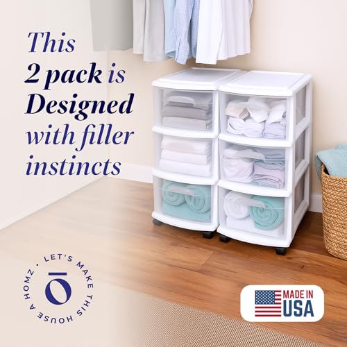 HOMZ Drawer Tower 3-Tier Storage Cart, Removable Wheels, White Frame,2 Pack - color: White, size: 2 Pack