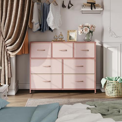 WLIVE 7 Drawer Dresser TV Stand, Entertainment Center, Media Console Table with Metal Frame and Wood Top for TV up to 45 inch, Chest of Drawers for Bedroom, Living Room, Pink - color: Pink