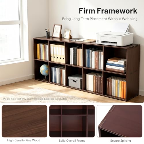 10 Cube Storage Organizer - Pine Wood Bookshelf - Cube Shelf - Vertical or Horizontal Bookcase - Open Book Shelf - Easy Assembly for Bedroom, Living Room, Office - Brown - size: 10 Cube