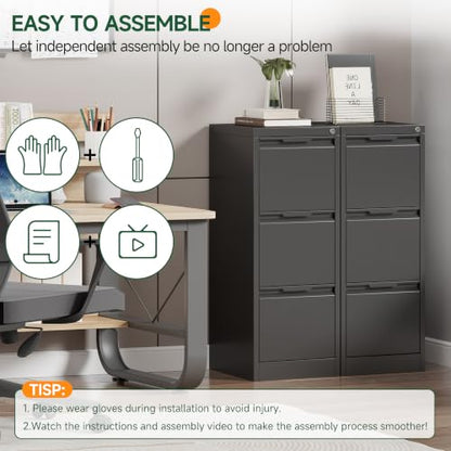 3 Drawer File Cabinet with Lock, Filing Cabinets for Home Office - color: Black, size: 3 Drawer - Vertical