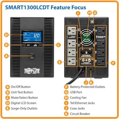 Eaton Tripp Lite SMART1300LCDT 1300VA UPS 720W 8 Outlets 650 Joules AVR LCD - size: 1300VA / Non-Expandable, style: Tower