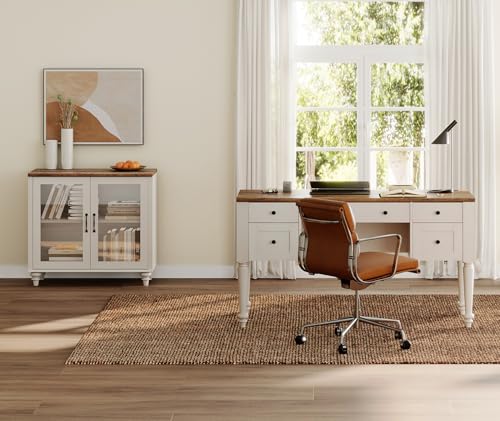 WAMPAT Home Office Furniture Set, 56" Executive Desk with Charging Station, Farmhouse Cabinet with Glass Doors, Wood Computer Desk with File Cabinet Storage, Open Shelf, White - color: White