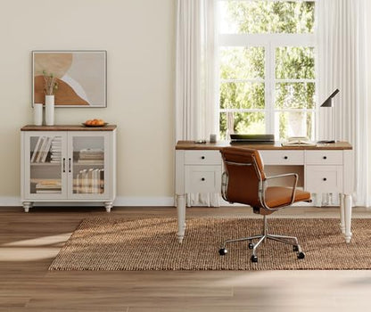 WAMPAT Home Office Furniture Set, 56" Executive Desk with Charging Station, Farmhouse Cabinet with Glass Doors, Wood Computer Desk with File Cabinet Storage, Open Shelf, White - color: White