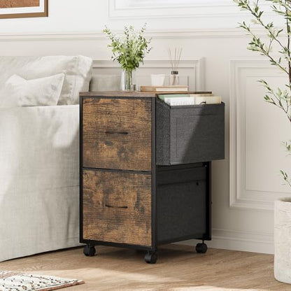 VINGLI 2 Drawer File Cabinet with Side Bag, Rolling Mobile Under Desk with Wheels, Fabric Drawers Printer Stand for Home Office, Fits Letter Size, Rustic Brown - color: Rustic Brown, size: Small 2 Drawers