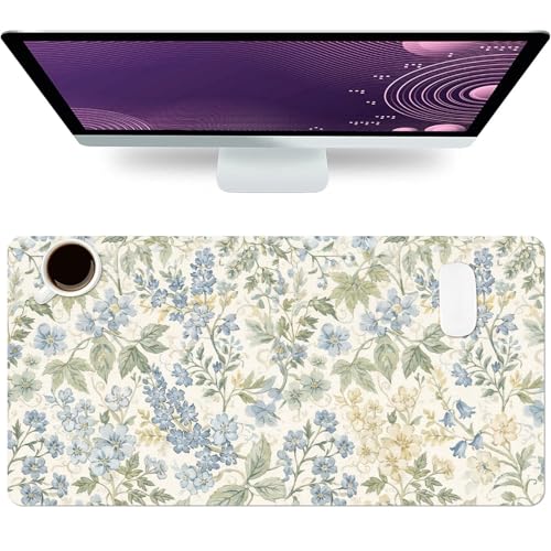 Large Mouse Pad, Beige Blue Floral Desk Mat for Desktop 23.6" x 11.8" - color: Beige Blue Floral, size: 23.6" x 11.8"